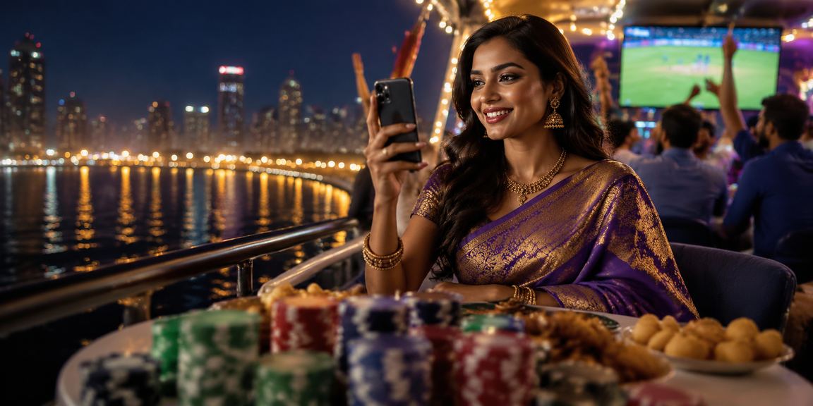 Night view of Marine Drive Mumbai with Andar Bahar game advertisement